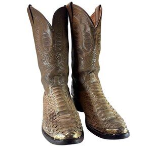 Vintage Justin Snakeskin Bottom/Leather Upper Cowboy Boots, Tan, Men's Sz 10.5B